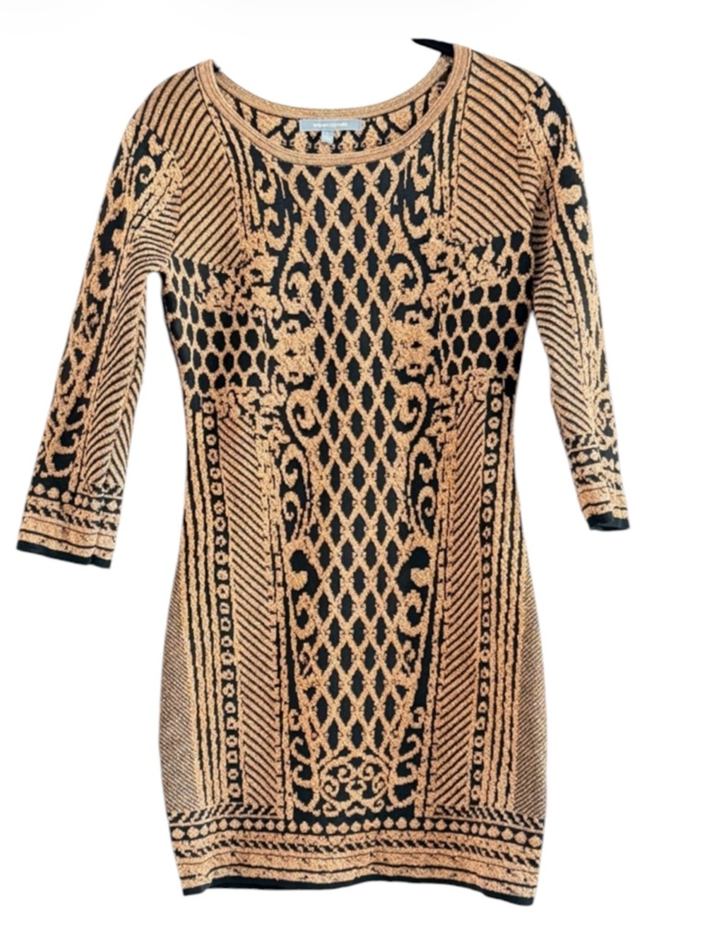 WOW Couture Black Gold Geometric Baroque Knit Bodycon Dress Size L